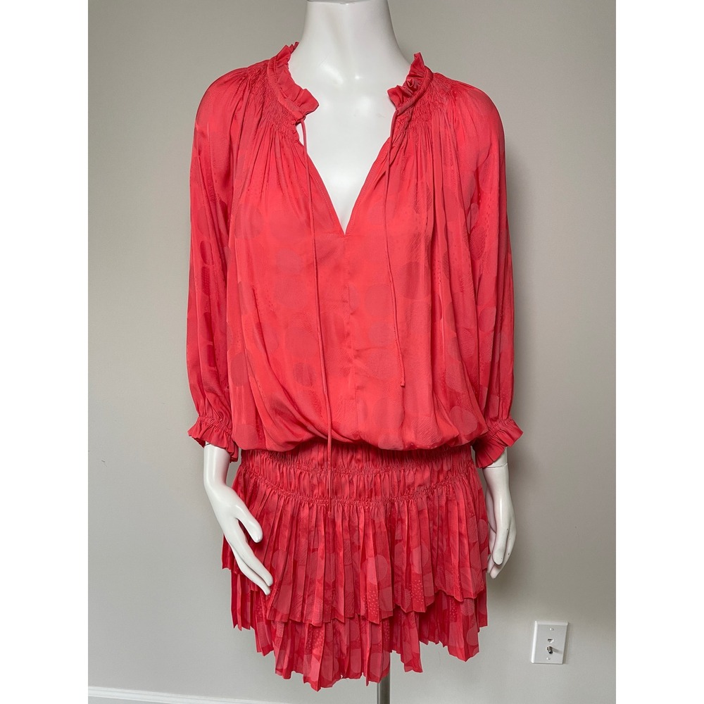 Current Air Los Angeles Coral Jacquard Polka Dot Smocked Tiered Mini Dress L
